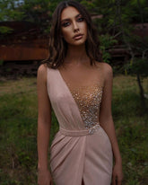 Vestidos de noche rosas con escote en V largo | Vestidos de fiesta con purpurina